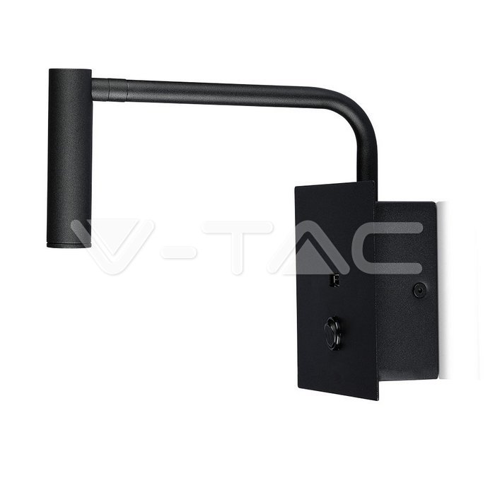 3W LED Lampada da comodino Switch & USB Port Nera 3000K