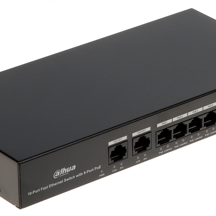 Dahua PFS3010-8ET-65 Switch unmanaged 8 Ports PoE + 2 Port 10/100Mbps Base-TX 65W