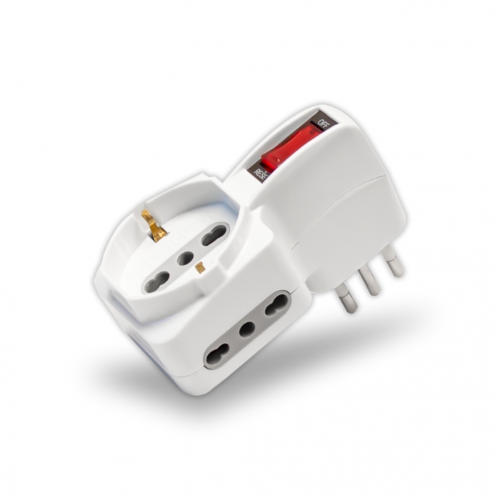Adattatore Spina 10A 2 Prese 2P+T 10/16A Bipasso+1 Presa Bipasso/Schuko con Protezione de Sovraccarico