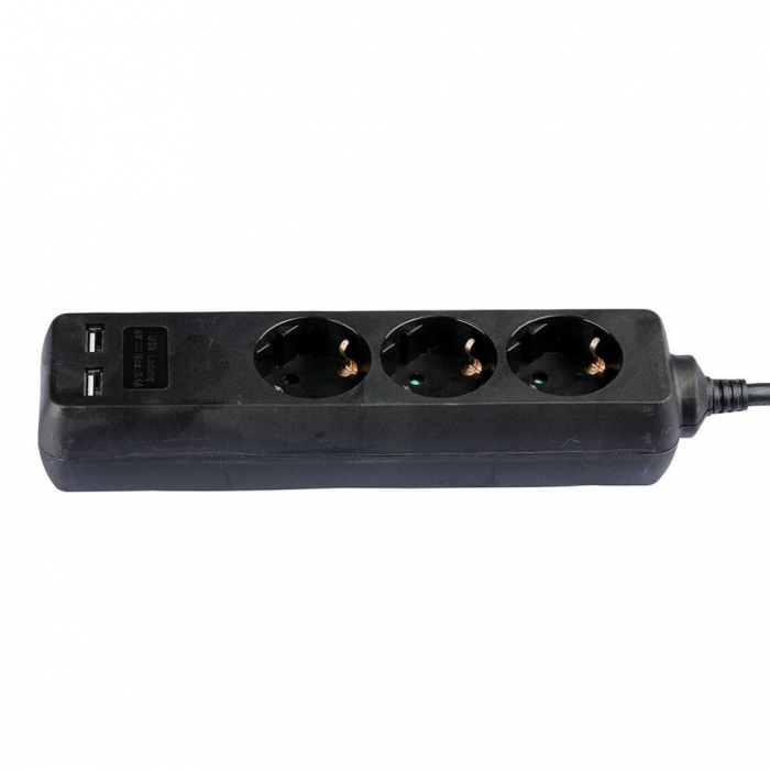 3 Ways Socket 2 USB Black Cable 1.5m