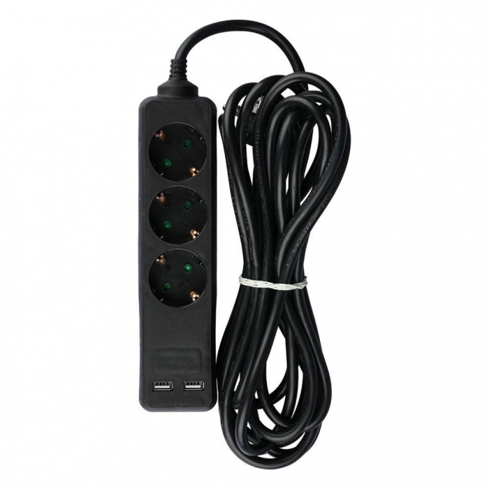 3 Ways Socket 2 USB Black Cable 5m