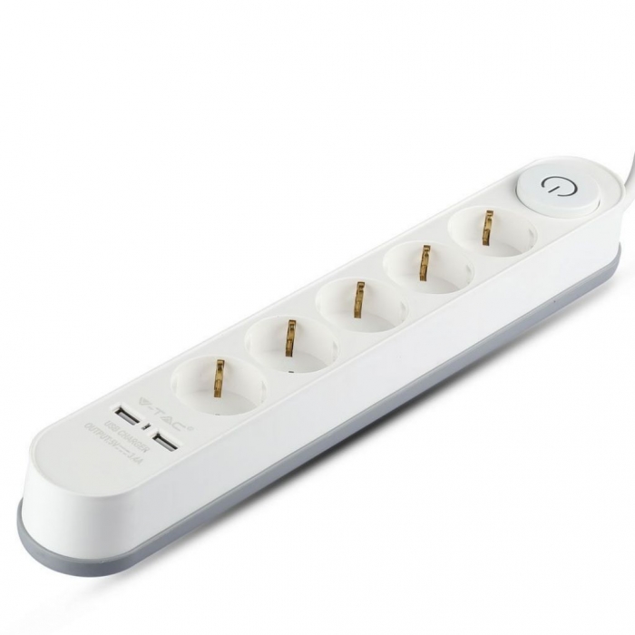 5 Ways Socket Lighted Switch & 2 USB Port 3G 1.5mm x 3m White