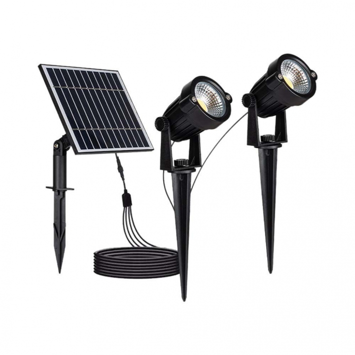Faretti LED da Giardino 2*1.2W con Picchetto e Pannello Solare Colore Nero