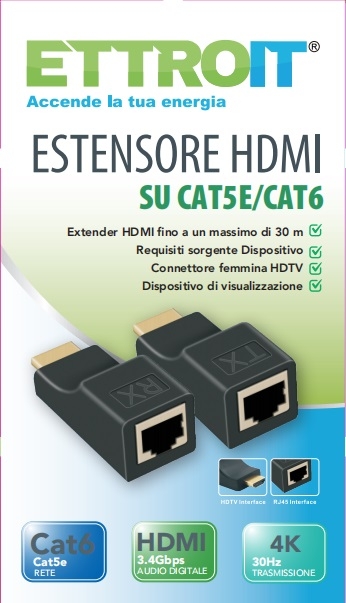 Prolunga Adattatore da HDMI a RJ45 per cavo Cat e/6, 1080p, fino a 30m
