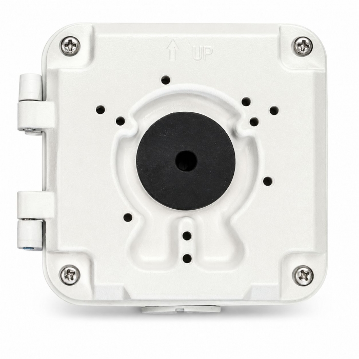 Scatola di giunzione compatta per telecamere, con coperchio incernierato, piastra multipreforata e passacavo centrale – Dimensioni: 100 × 100 × 50 mm.