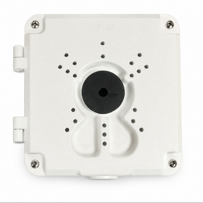 Scatola di giunzione maggiorata per telecamere, con piastra universale multipreforata e passacavo centrale – Dimensioni: 130 × 130 × 50 mm