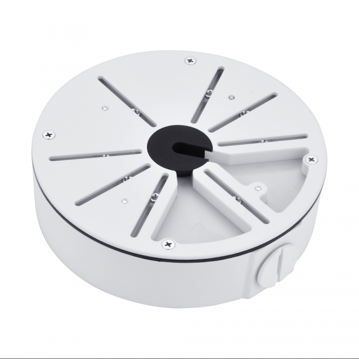 Scatola di giunzione universale Ø100 mm per telecamere, con viti di fissaggio regolabili su asole radiali e configurazione a 3 o 4 punti 100x54.5mm