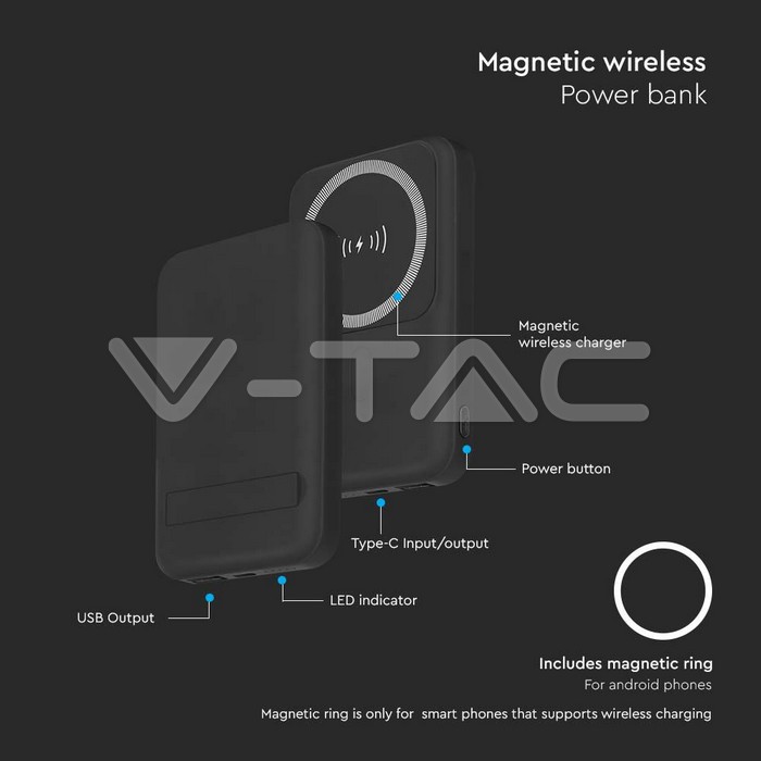 Power Bank 10000 mAh MagSafe Ultra Sottile Magnetico con Ricarica Wireless Colore Nero img 5
