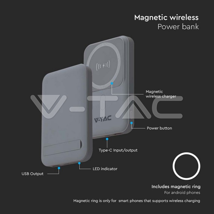  Power Bank 10000 mAh MagSafe Ultra Sottile Magnetico con Ricarica Wireless Colore Grigio img 6