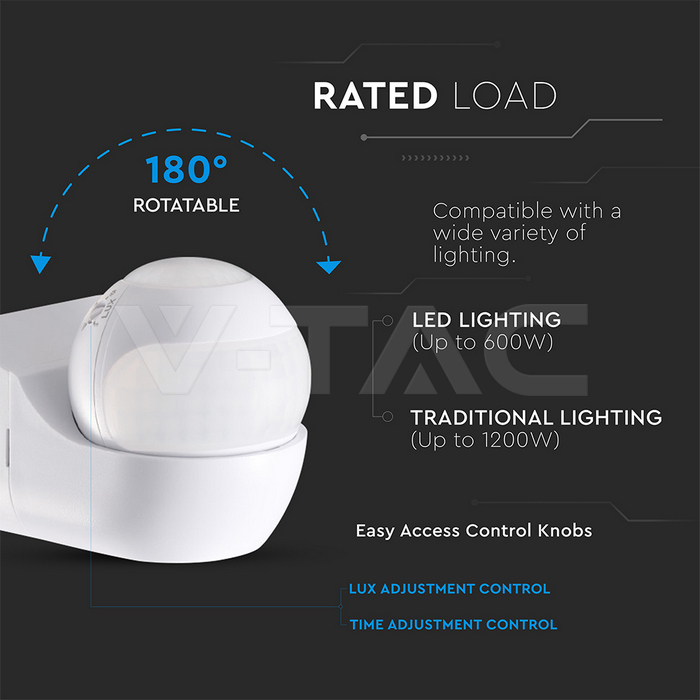PIR WALL Sensor 180º/360º White Body IP44 MAX 600W img 2