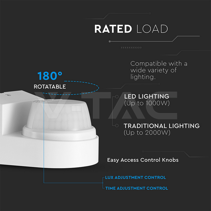 PIR WALL Sensor 180º/360º White Body IP44 MAX 1000W img 2