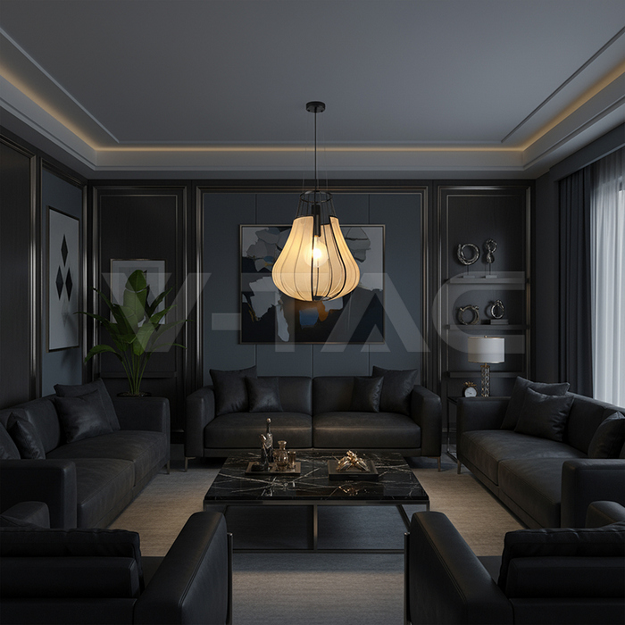 E27 Decorative Hanging Pendant (D420*H500mm) Matt Black Body+Beige img 6