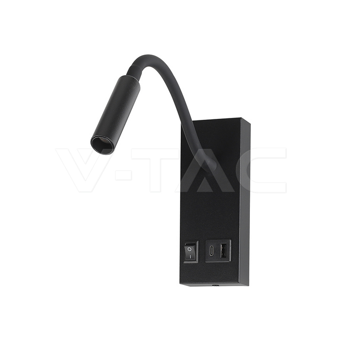 3W LED Bedside Light CREE CHIP With USB Type C Charging Black Body IP20 3000K