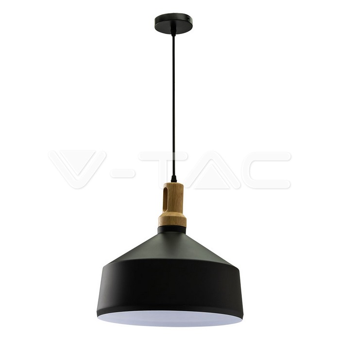 Lampadario con Portalampada Parabola Nera Base in legno Ampio