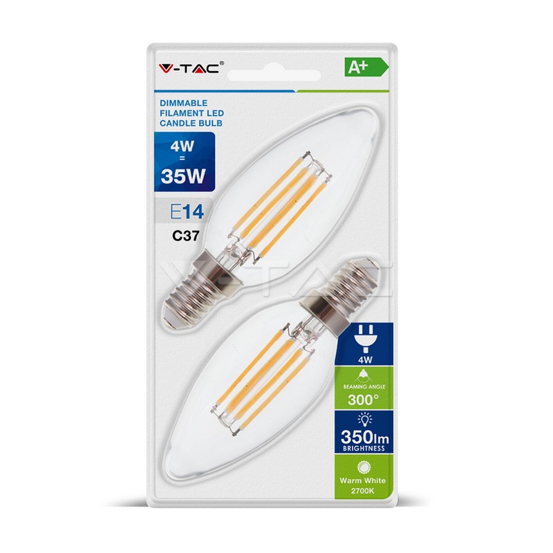 LED Bulb - 4W Filament E14 Candle 2700K Dimmable (Blister 2 Pezzi)