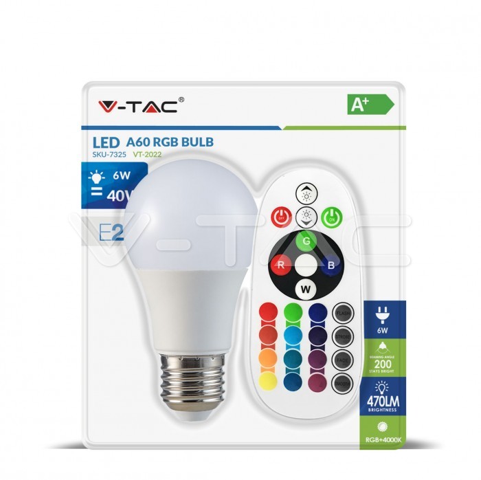 LED Bulb - 6W E27 A60 RGB With Remote Control 2700K Blister Pack