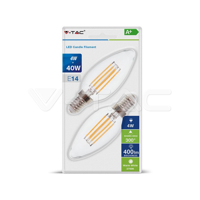 LED Lampadina 4W Filamento E14 Candela Clear Cover Luce Bianco Caldo 2pz/Blister Pack