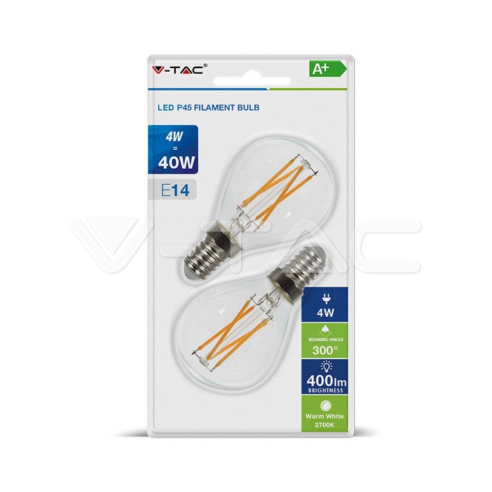 LED Lampadina 4W Filamento E14 Cross P45 Clear Cover Luce Bianco Caldo 2pz/Blister Pack