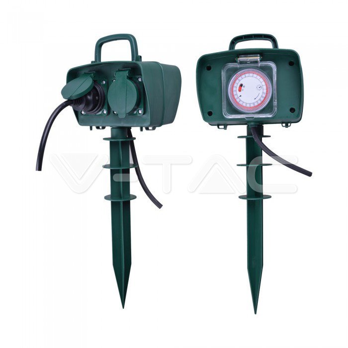 Timer meccanico con attacco a 2 prese da giardino 3G 1.5mm x 3m IP44 Verde