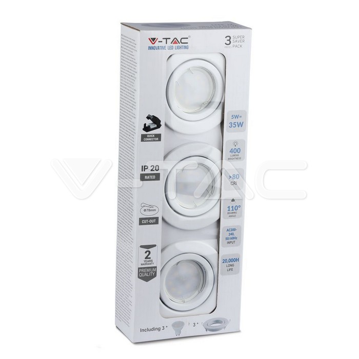 LED Faretto 5W GU10 con Fitting corpo bianco 3000K 3pcs/Pack